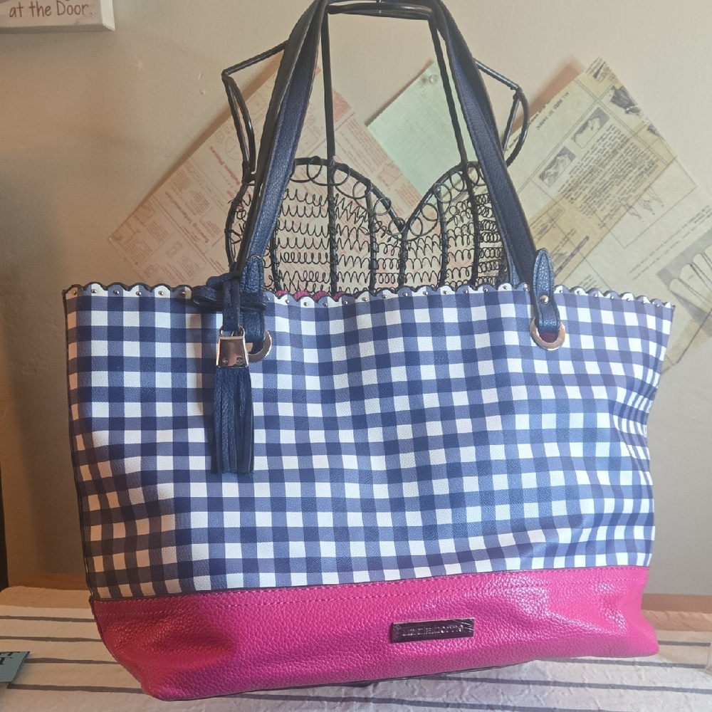 Liz Claiborne Pink and Blue Checkered Tote Bag
